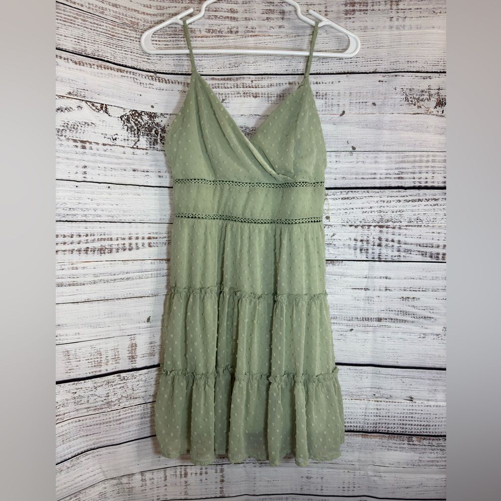 Altar’d state Dress Womens Size Medium chiffon lace tiered Sage Green Mini‎